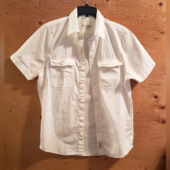 Abercrombie & Fitch Men's Off White Button Down Short Sleeve Pocket Shirt Sz L - Picture 3 of 7